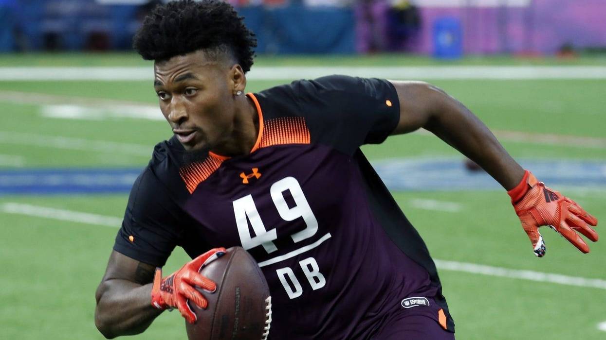 Mar 4, 2019; Indianapolis, IN, USA; Rutgers defensive back Saquan Hampton (DB49) goes through workout drills during the 2019 NFL Combine at Lucas Oil Stadium.