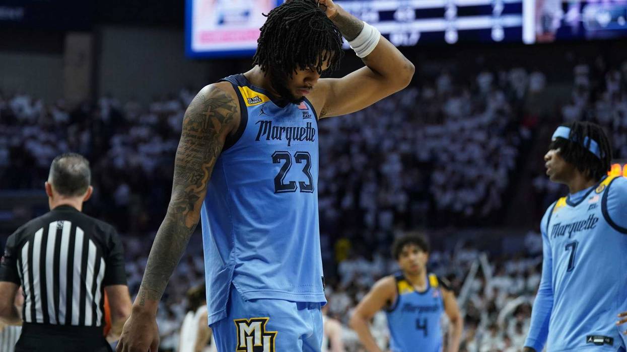 Mar 5, 2025; Storrs, Connecticut, USA; Marquette Golden Eagles forward David Joplin (23) reacts as they take on the UConn Huskies in the last seconds of the second half at Harry A. Gampel Pavilion. Mandatory Credit: David Butler II-Imagn Images