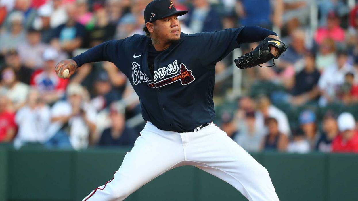 Mar 9, 2020; North Port, Florida, USA; Atlanta Braves starting pitcher Felix Hernandez (34) throws a pitch during the first inning against the Boston Red Sox at CoolToday Park. Mandatory Credit: Kim Klement-USA TODAY Sports