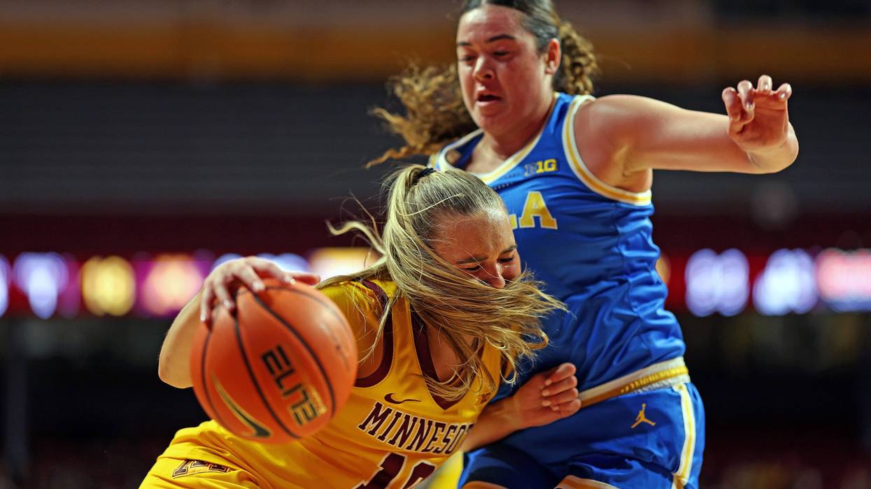 Mara Braun #10 of the Minnesota Golden Gophers goes to the basket against Charlisse Leger-Walker #5 of the UCLA Bruins in the second quarter at Williams Arena on January 14, 2026 in Minneapolis, Minnesota.