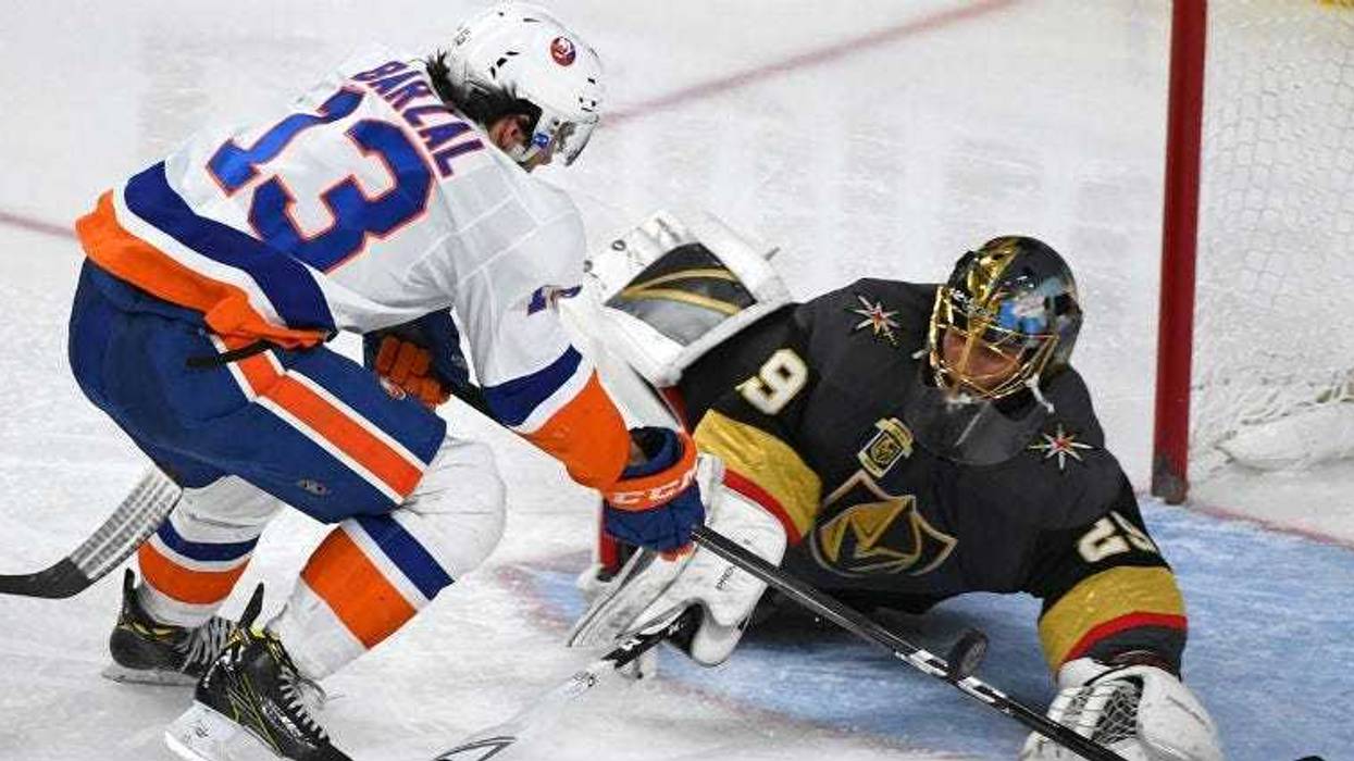 Marc-Andre Fleury makes a save against Mathew Barzal during the third period of play at T-Mobile Arena in Las Vegas.