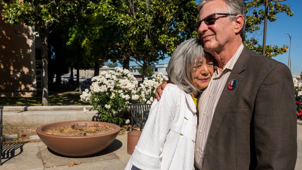 Marc Klaas, father of Polly Klaas, right, hugs his wife Violet outside Santa Clara County Superior Court in San Jose, Calif., Friday, May 31, 2024. A judge declined to recall the capital sentence against Richard Allen Davis, who in 1993 kidnapped and killed 12-year-old Polly Klaas.