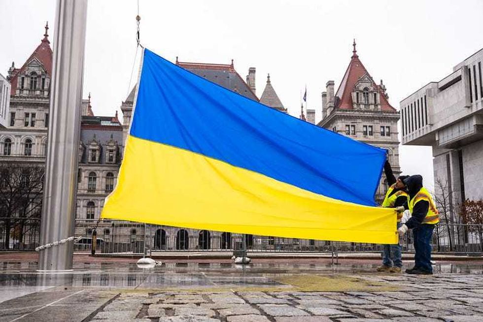 March 24, 2022 - Albany, NY - Governor Kathy Hochul announced that the Ukrainian flag will be flown on the Capitol building, the Executive Mansion, and the Department of Homeland Security and Emergency Services headquarters on March 24, marking one month since the beginning of the Russian invasion, in solidarity with the Ukrainian people.