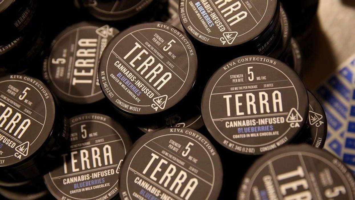 Marijuana infused chocolate covered bluberries wait to be shipped at Kiva Confections on January 16, 2018 in Oakland, California.