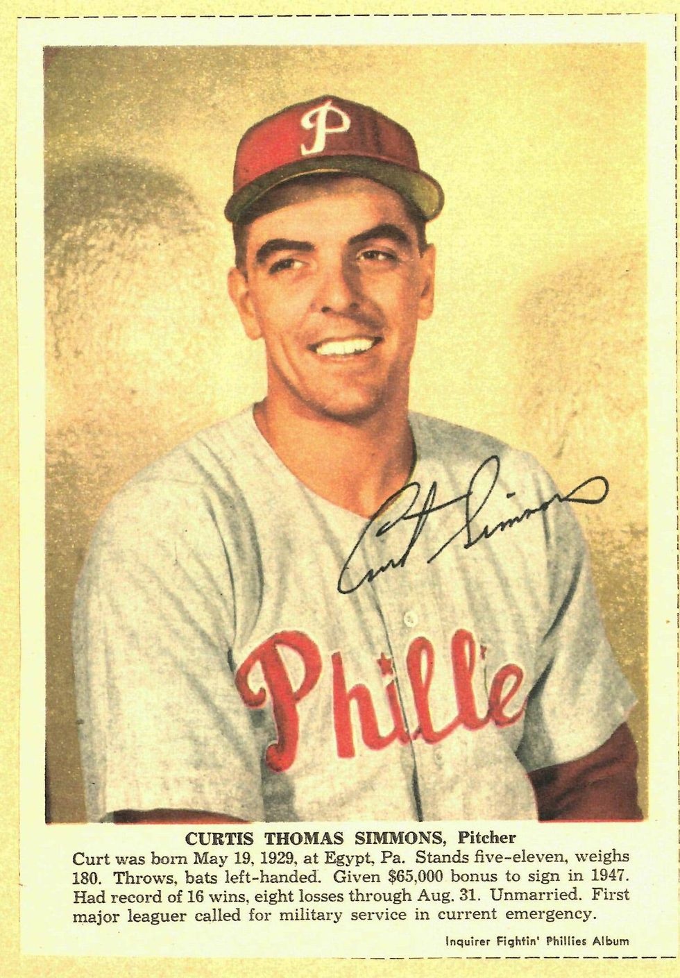 Marilyn Harris has this image of Curt Simmons in her scrapbook.