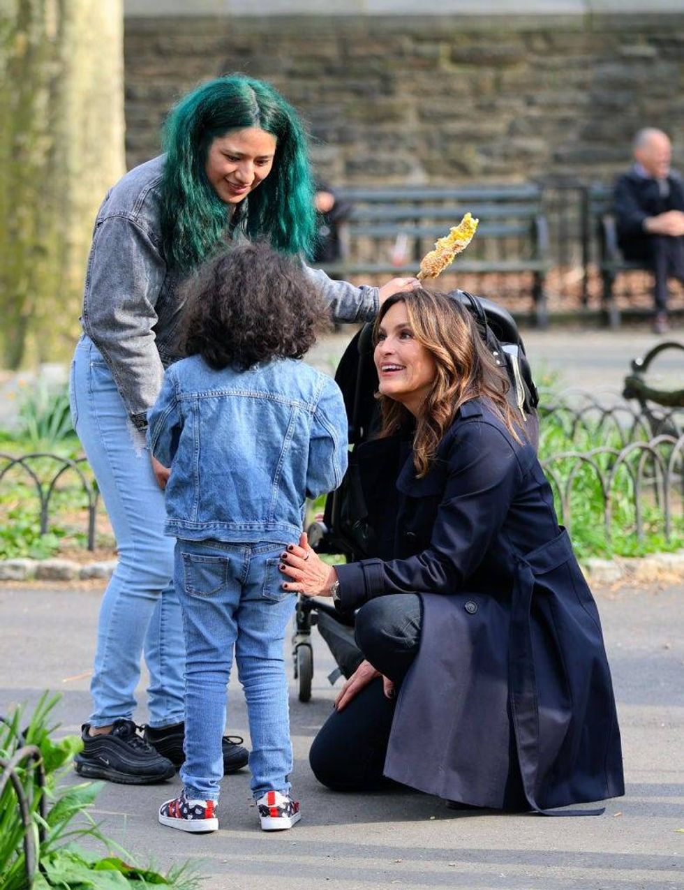 Mariska Hargitay is seen taking a break from filming