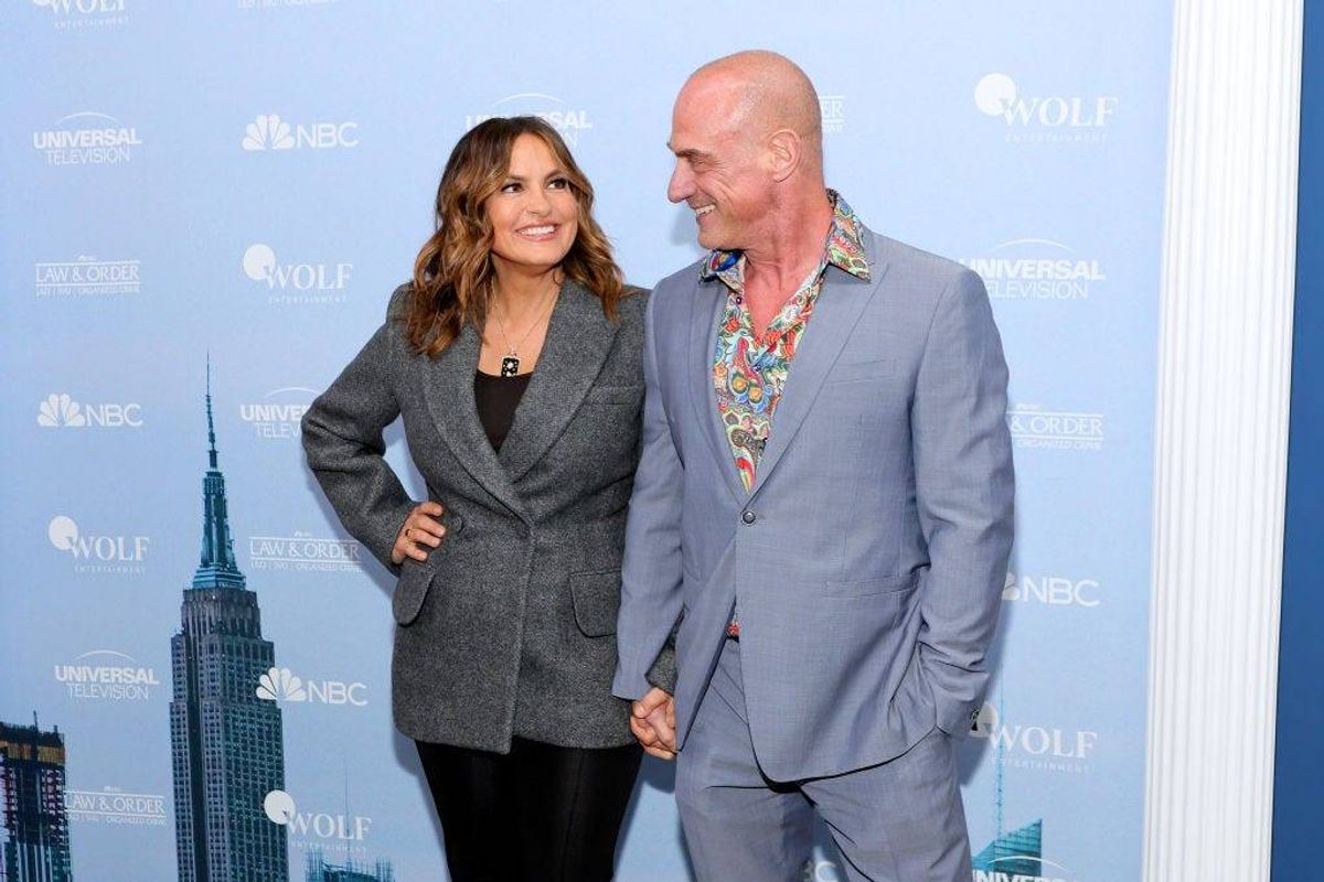Mariska Hargitay (L) and Christopher Meloni attend NBC's "Law & Order" Press Junket at Studio 525 on February 16, 2022 in New York City