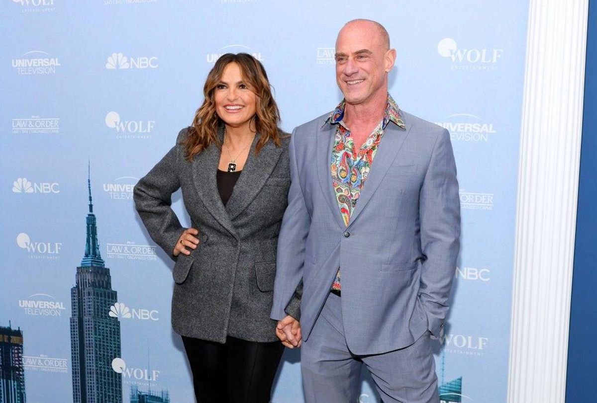 Mariska Hargitay (L) and Christopher Meloni attend NBC's "Law & Order" Press Junket at Studio 525 on February 16, 2022 in New York City