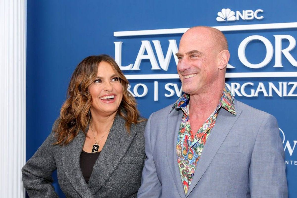 Mariska Hargitay (L) and Christopher Meloni attend NBC's "Law & Order" Press Junket at Studio 525 on February 16, 2022 in New York City