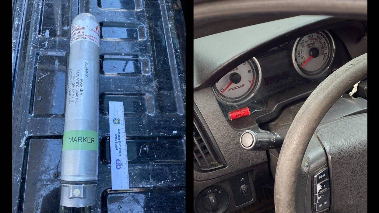 Mark-25 Marine Marker military flare, left, and M-250 firecracker on dashboard