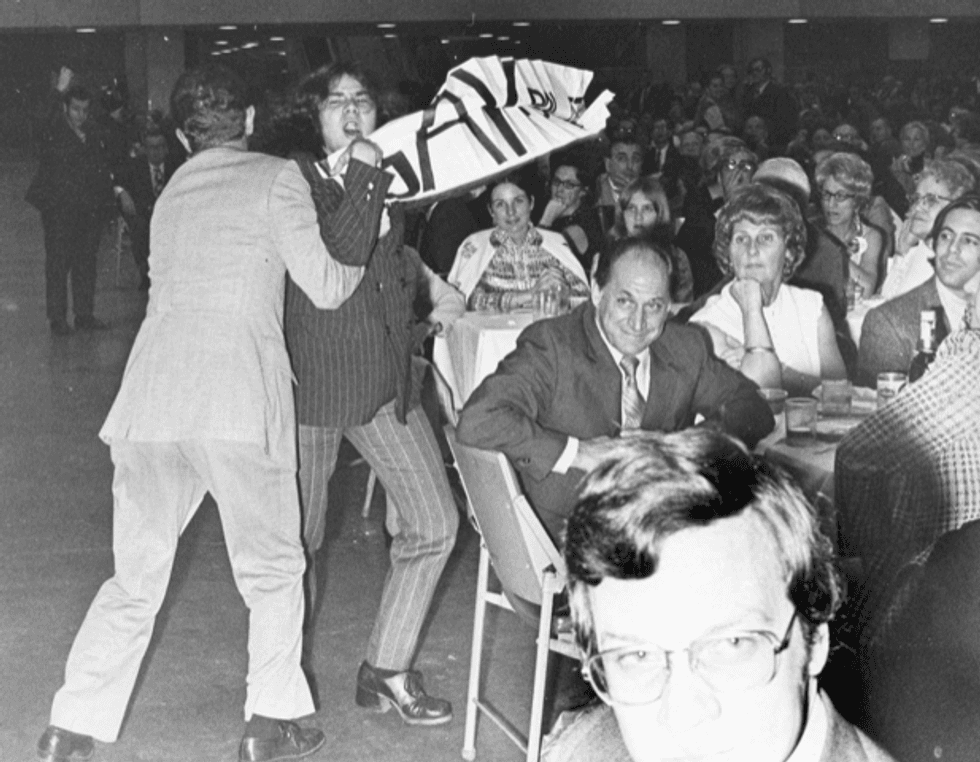 Mark Segal protesting at a re-elect Richard Nixon fundraising dinner.