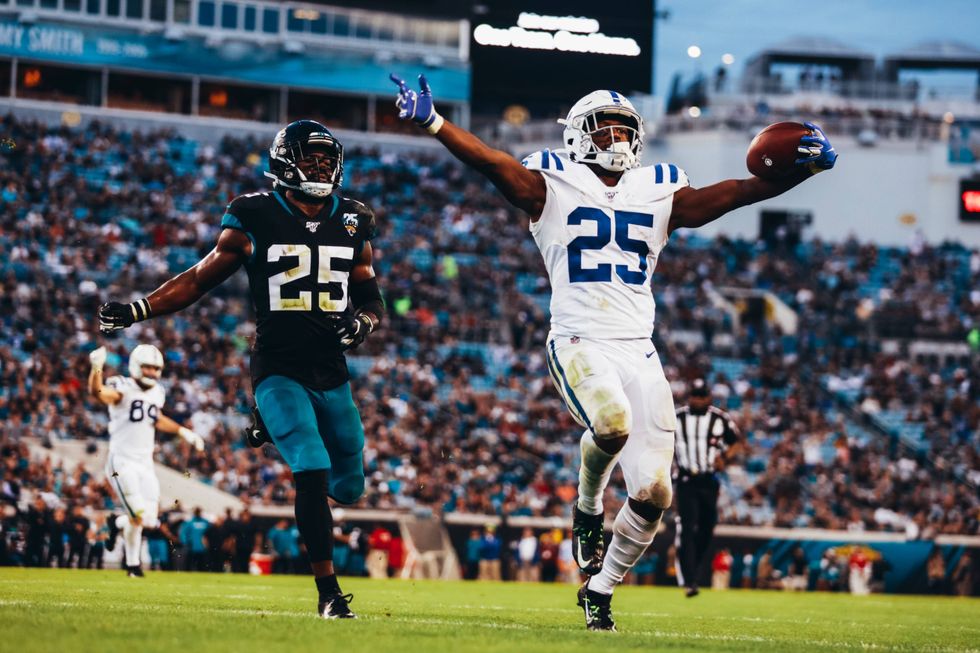Marlon Mack rejoices after a touchdown in Jacksonville