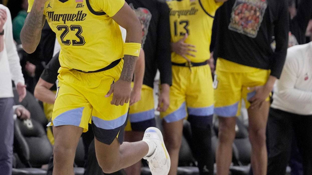 Marquette forward David Joplin celebrates his three-point basket during the second half of their game Friday, January 3, 2025 at Fiserv Forum in Milwaukee, Wisconsin. Marquette beat Creighton 79-71.
