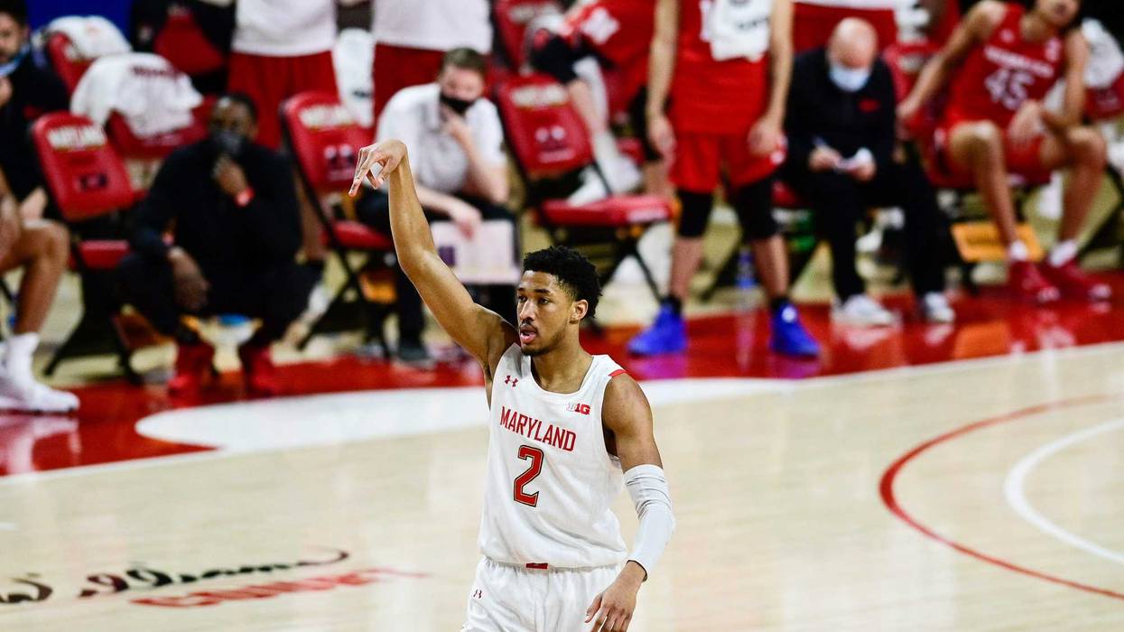 Maryland Guard Aaron Wiggins celebrates another made field goal during MD's win over Nebraska.