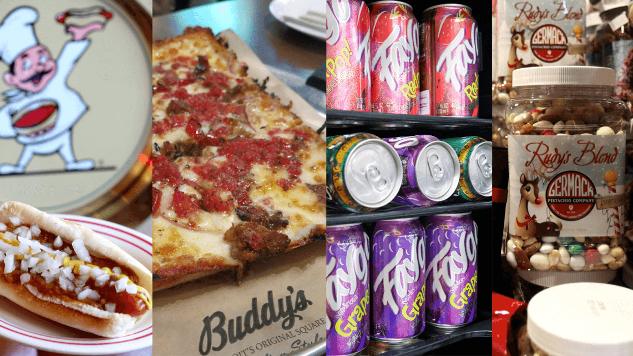 Mashup photo of Michigan junk foods. From left to right: Detroit National Coney Island hot dog, Buddy's Detroit-style pizza, Faygo pop cans, Germack nuts