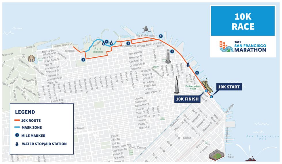 Masks will be required on the blue-highlighted portions of the 10K on Sunday.