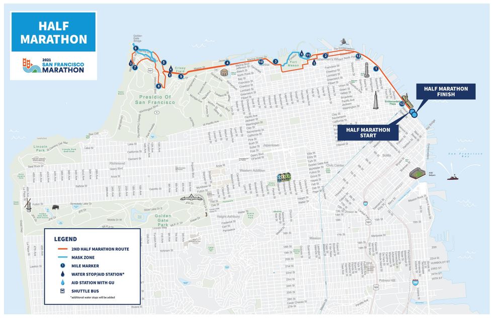 Masks will be required on the blue-highlighted portions of the half marathon on Sunday.