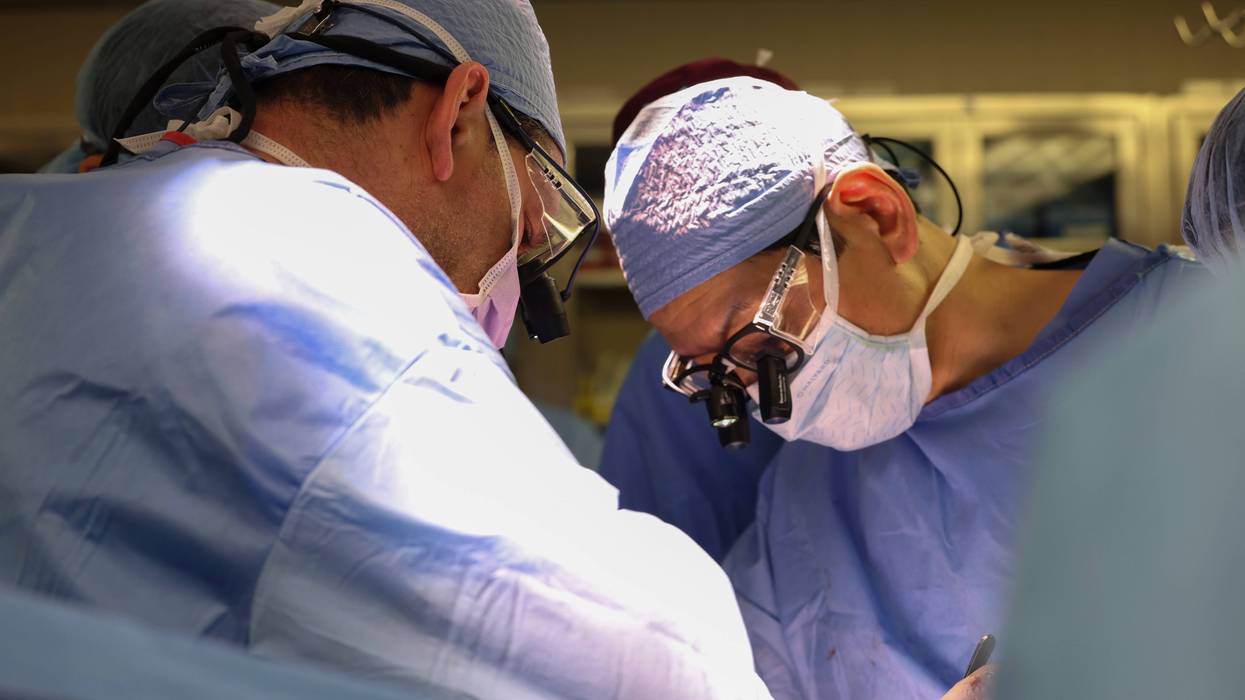 Massachusetts General Hospital transplant surgeons Dr. Nahel Elias, left, and Dr. Tatsuo Kawai perform the surgery of a transplanted genetically modified pig kidney into a living human on March 16, 2024, in Boston, Mass.
