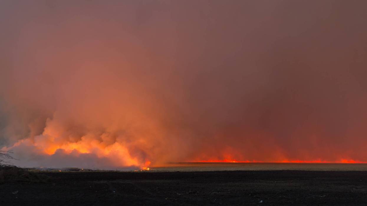 Massive field fire with thick orange smoke and red sky over dark ground.