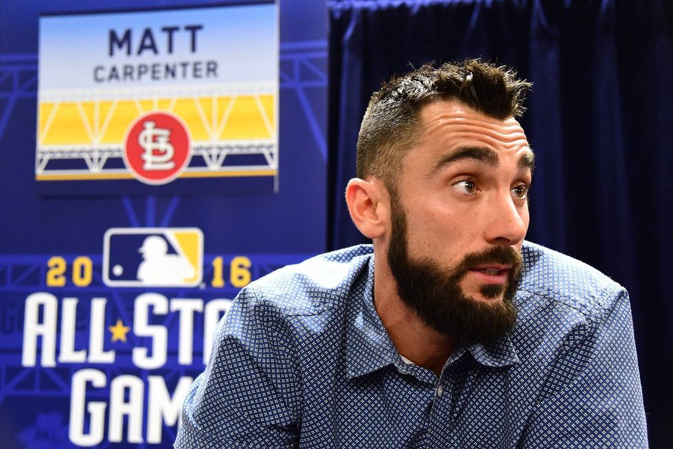 Matt Carpenter #13 of the St Louis Cardinals speaks to the press during Media Availability for the 87th Annual MLB All-Star game at the Manchester Grand Hyatt on July 11, 2016 in San Diego, California.