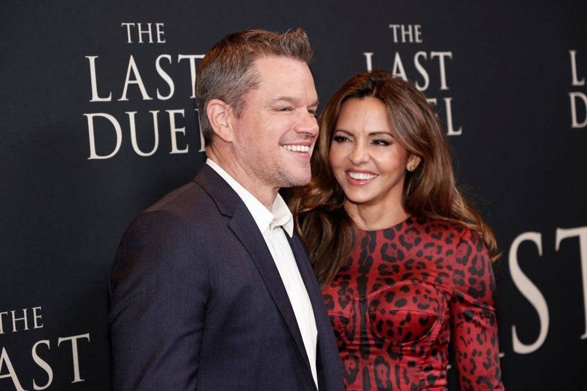 Matt Damon and Luciana Barroso attend "The Last Duel" New York Premiere at Rose Theater at Jazz at Lincoln Center's Frederick P. Rose Hall on October 09, 2021 in New York City.
