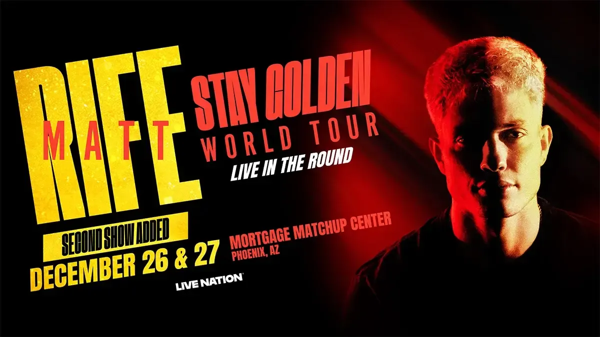 Matt Rife Stay Golden World Tour poster. Second show added: Dec 26 & 27, Phoenix, AZ.