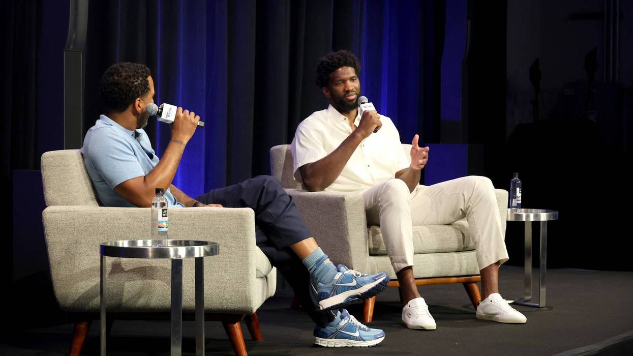 Maverick Carter (left) and Joel Embiid speak onstage during the UNINTERRUPTED Film Festival 2023 Powered by Tribeca at NeueHouse Hollywood on July 13, 2023, in Hollywood, California.