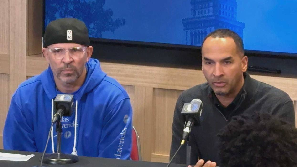 Mavericks head coach Jason Kidd (L) ad general manager Nico Harrison (R) speak with reporters in Cleveland after trading Luka Dončić to the Lakers for Anthony Davis.