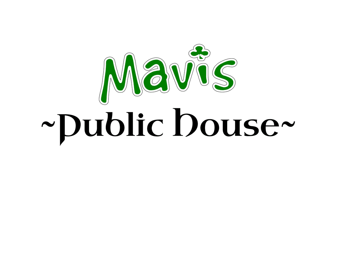 Mavis Public House logo: Green 'Mavis' with a shamrock over the 'i', and 'Public House' below.