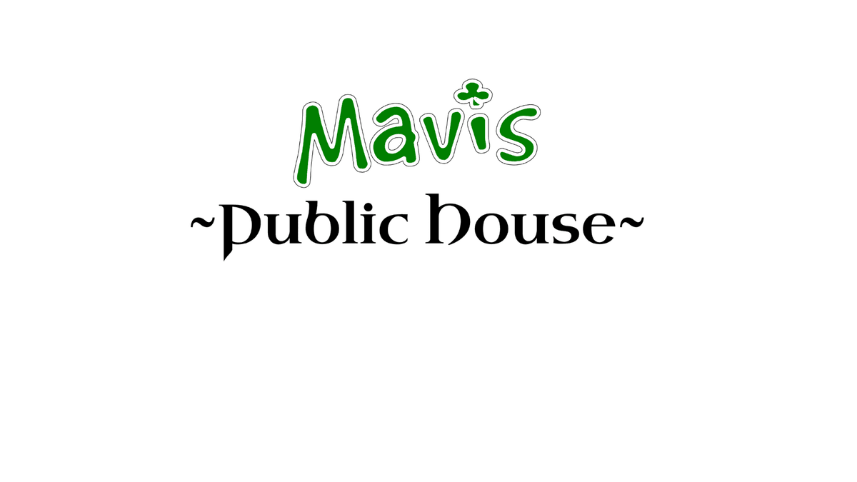 Mavis public house logo with green text and a shamrock.