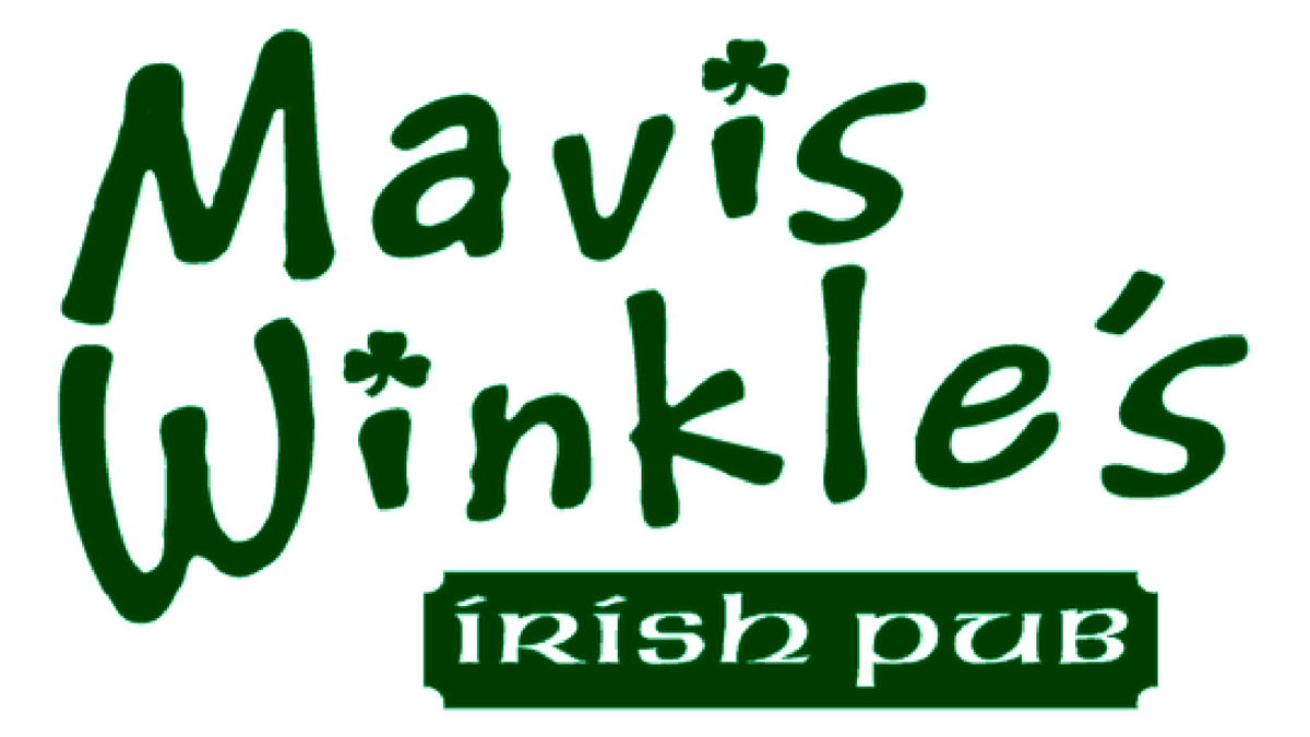 Mavis Winkle's Irish Pub logo, green text with shamrocks.