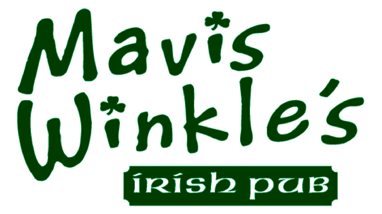 Mavis Winkle's Irish Pub logo, green text with shamrocks.