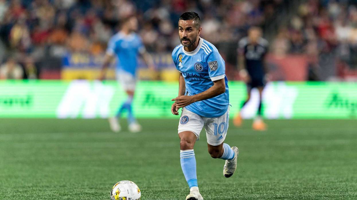Maxi Moralez #10 of New York City FC brings the ball forward during a game between New York City FC and New England Revolution at Gillette Stadium on September 4, 2022 in Foxborough, Massachusetts.