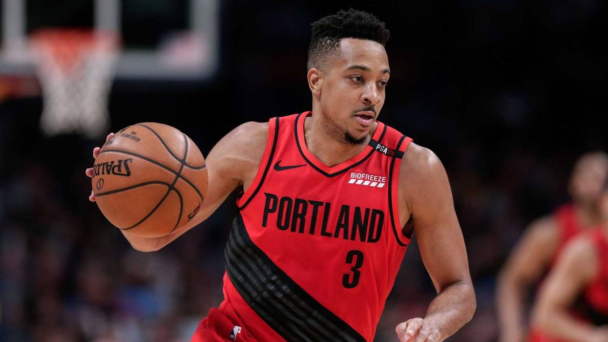 May 1, 2019; Denver, CO, USA; Portland Trail Blazers guard CJ McCollum (3) dribbles the ball in the second quarter against the Denver Nuggets in game two of the second round of the 2019 NBA Playoffs at the Pepsi Center.