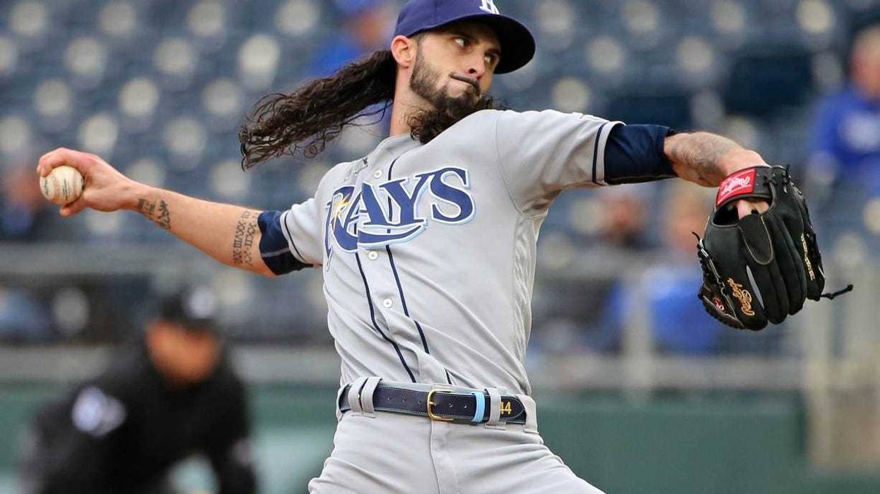 May 1, 2019; Kansas City, MO, USA; Tampa Bay Rays relief pitcher Hunter Wood (44) pitches against the Kansas City Royals during the eighth inning in the first game of a baseball doubleheader at Kauffman Stadium. Mandatory Credit: Jay Biggerstaff-USA TODAY