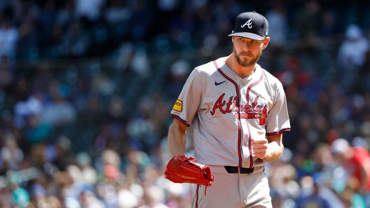 May 1, 2024; Seattle, Washington, USA; Atlanta Braves starting pitcher Chris Sale (51) reacts to a defensive play by a teammate for the final out of the the fourth inning against the Seattle Mariners at T-Mobile Park. Mandatory Credit: Joe Nicholson-USA TODAY Sports
