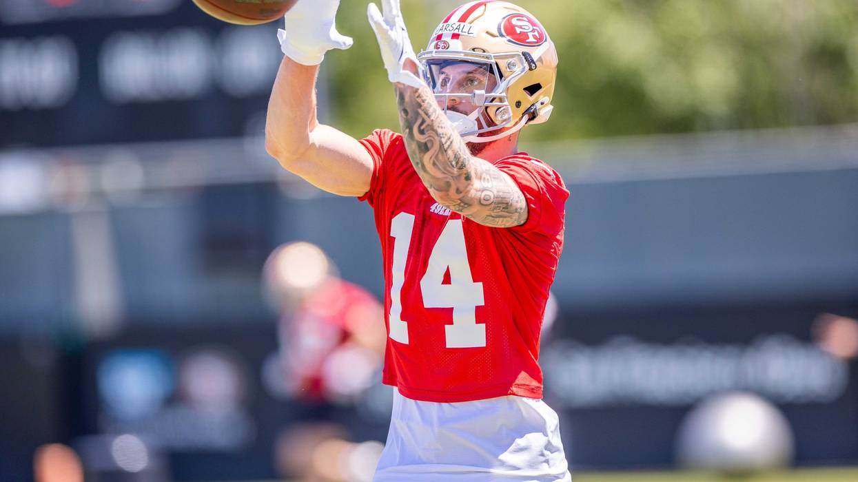 May 10, 2024; Santa Clara, CA, USA; San Francisco 49ers wide receiver Ricky Pearsall (14) runs drills during the 49ers rookie minicamp at Levi’s Stadium in Santa Clara, CA.