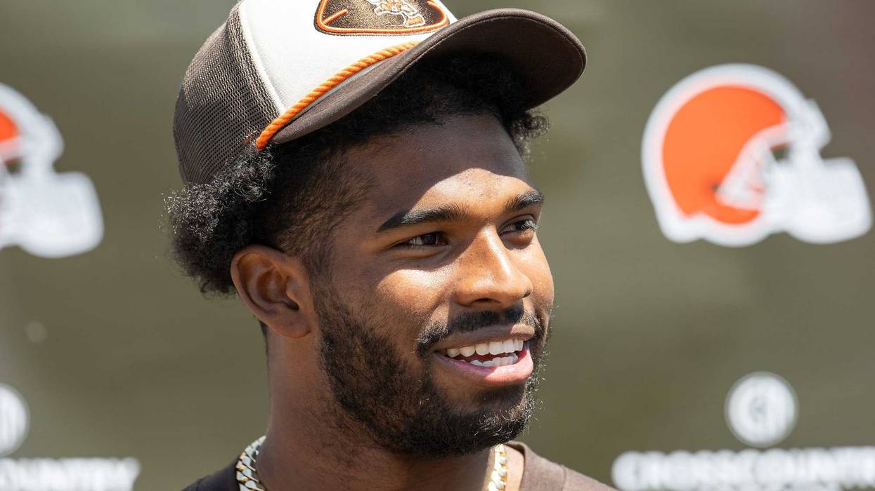 May 10, 2025; Berea, OH, USA; Cleveland Browns quarterback Shedeur Sanders (12) talks to the media during rookie minicamp at CrossCountry Mortgage Campus. Mandatory Credit: Ken Blaze-Imagn Images