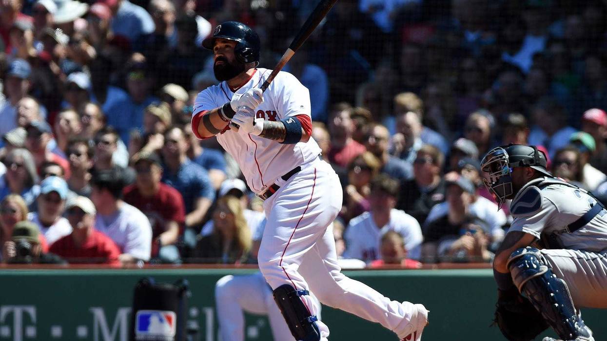 May 11, 2019; Boston, MA, USA; Boston Red Sox catcher Sandy Leon (3) hits a three run home run during the third inning against the Seattle Mariners at Fenway Park. Mandatory Credit: Bob DeChiara-USA TODAY Sports