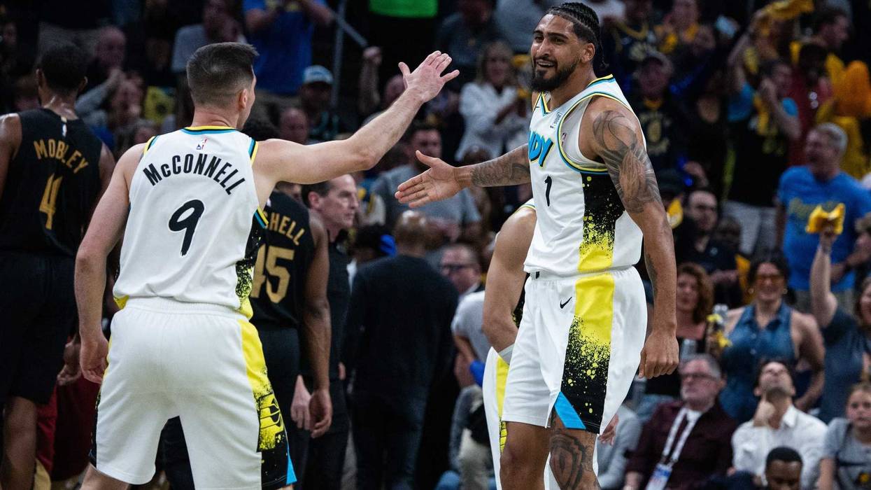 May 11, 2025; Indianapolis, Indiana, USA; Indiana Pacers forward Obi Toppin (1) celebrates a made basket during game four of the second round for the 2025 NBA Playoffs against the Cleveland Cavaliers at Gainbridge Fieldhouse.