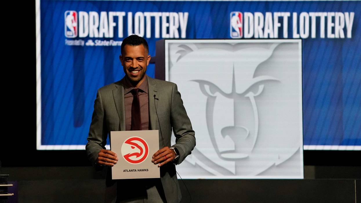 May 12, 2024; Chicago, IL, USA; Atlanta Hawks general manager Landry Fields after the Hawks get the number one pick in the 2024 NBA Draft Lottery at McCormick Place West. Mandatory Credit: David Banks-USA TODAY Sports