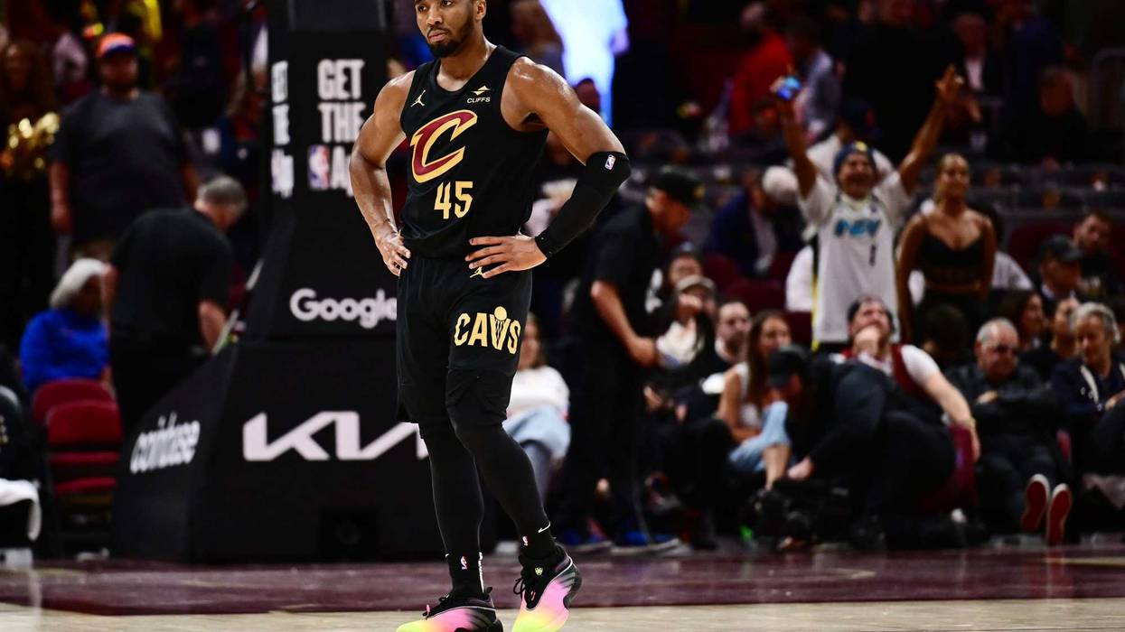 May 13, 2025; Cleveland, Ohio, USA; Cleveland Cavaliers guard Donovan Mitchell (45) reacts during the second half of game five against the Indiana Pacers in the second round for the 2025 NBA Playoffs at Rocket Arena.