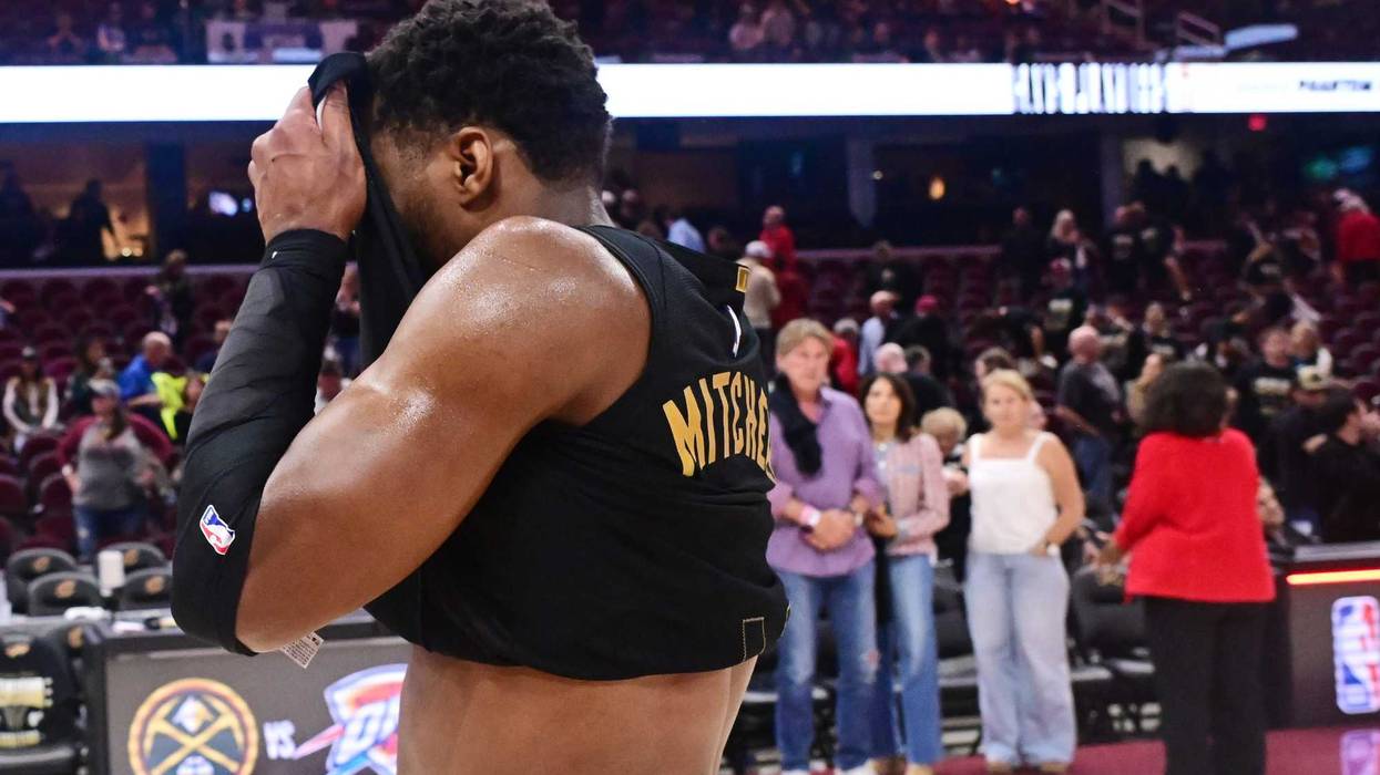 May 13, 2025; Cleveland, Ohio, USA; Cleveland Cavaliers guard Donovan Mitchell (45) walks off the court after game five of the second round for the 2025 NBA Playoffs at Rocket Arena.