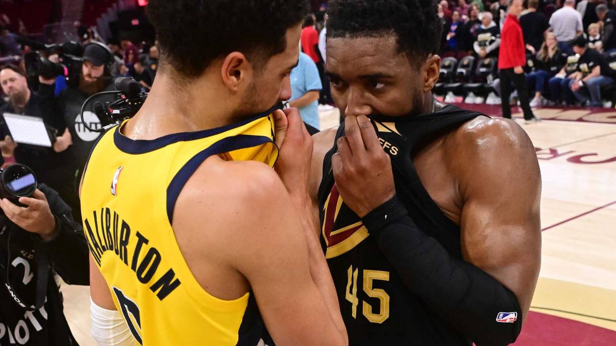May 13, 2025; Cleveland, Ohio, USA; Indiana Pacers guard Tyrese Haliburton (0) talks to Cleveland Cavaliers guard Donovan Mitchell (45) after game five of the second round for the 2025 NBA Playoffs at Rocket Arena.