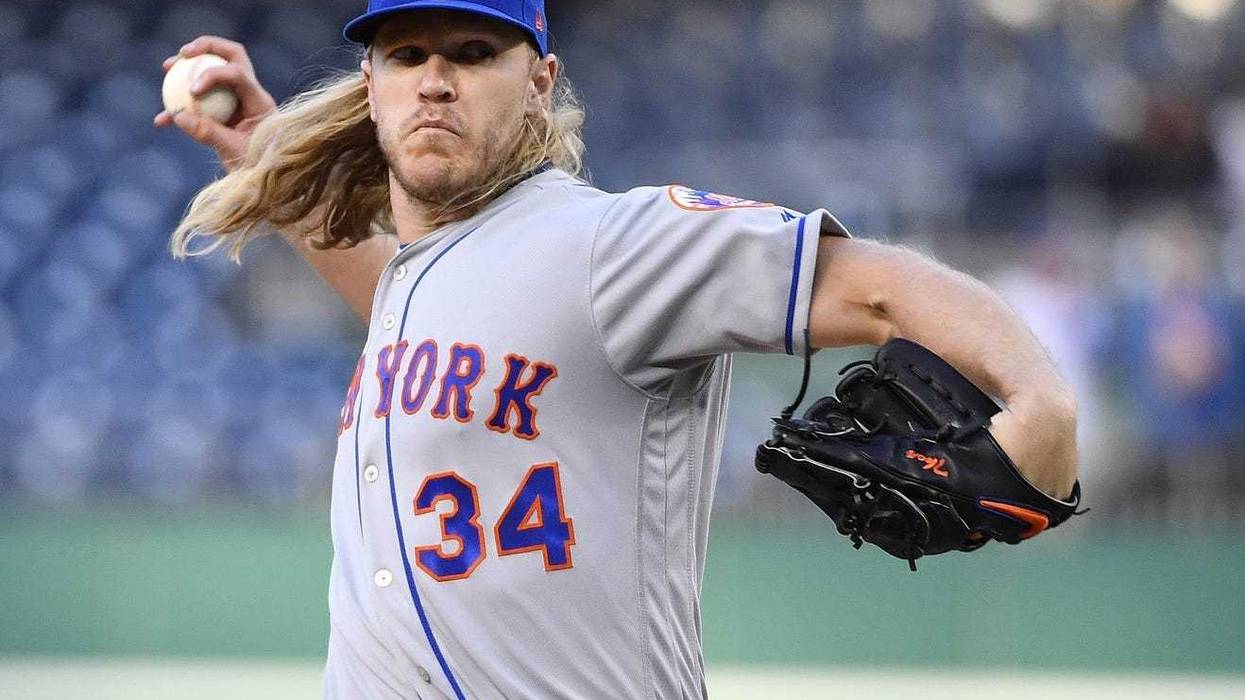 May 14, 2019; Washington, DC, USA; New York Mets starting pitcher Noah Syndergaard (34) throws against the Washington Nationals during the first inning at Nationals Park