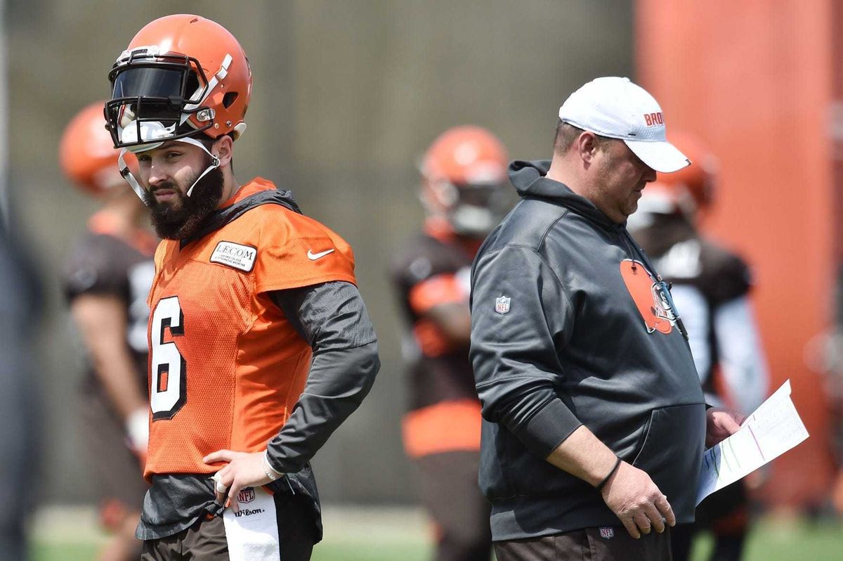 May 15, 2019; Berea, OH, USA; Cleveland Browns head coach Freddie Kitchens talks to quarterback Baker Mayfield (6) during organized team activities at the Cleveland Browns training facility. Mandatory Credit: Ken Blaze-USA TODAY Sports