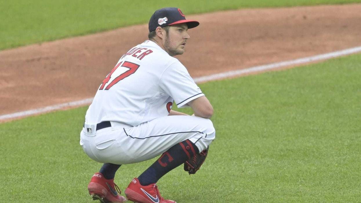 May 16, 2019; Cleveland, OH, USA; Cleveland Indians starting pitcher Trevor Bauer (47) reacts after giving up a three-run home run in the third inning against the Baltimore Orioles at Progressive Field. Mandatory Credit: David Richard-USA TODAY Sports