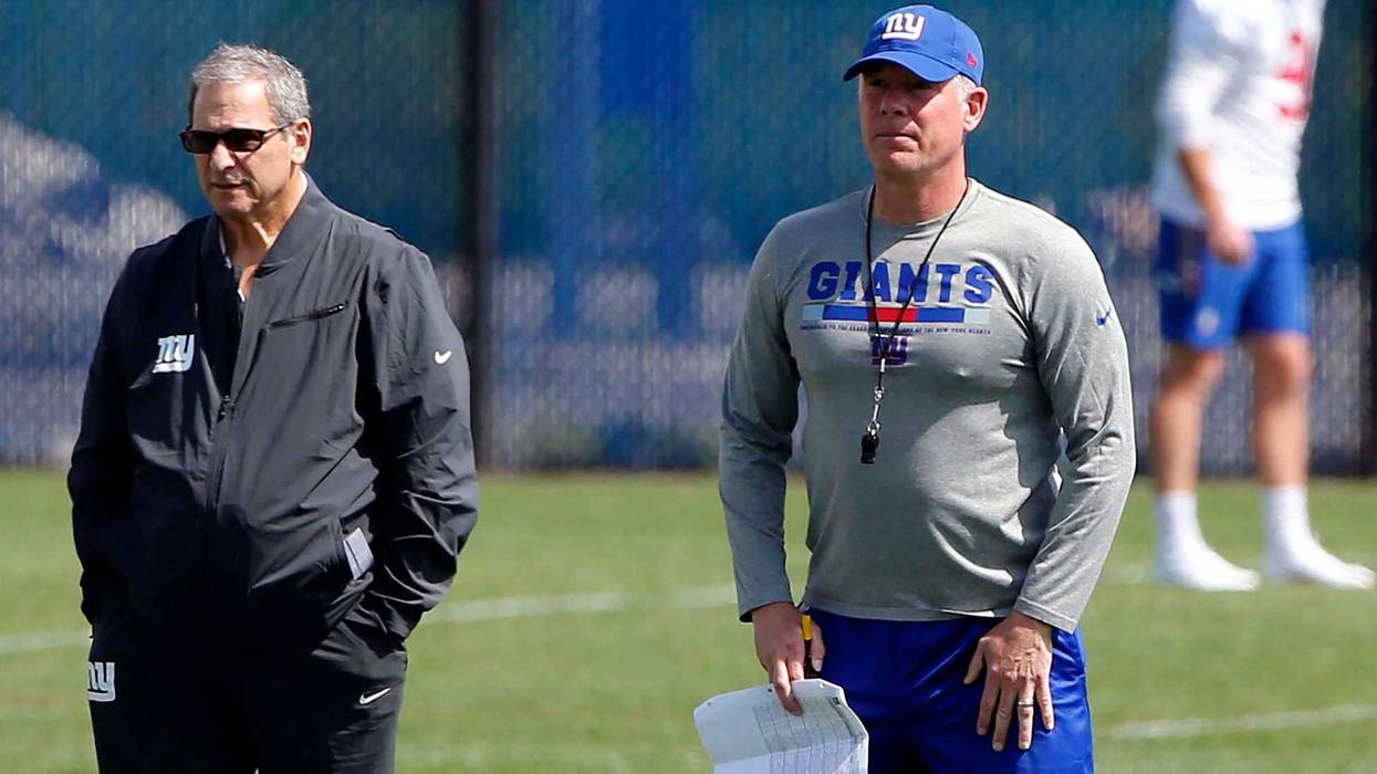 May 21, 2018; East Rutherford, NJ, USA; New York Giants general Manager Dave Gettleman and New York Giants head coach Pat Shurmur during OTA practice at Quest Diagnostic Training Center. Mandatory Credit: Noah K. Murray-USA TODAY Sports
