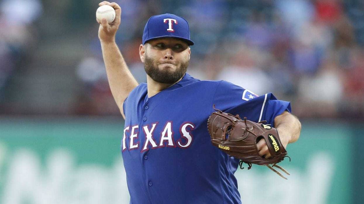 May 21, 2019; Arlington, TX, USA; Texas Rangers starting pitcher Lance Lynn (35) throws a pitch in the third inning against the Seattle Mariners at Globe Life Park in Arlington.