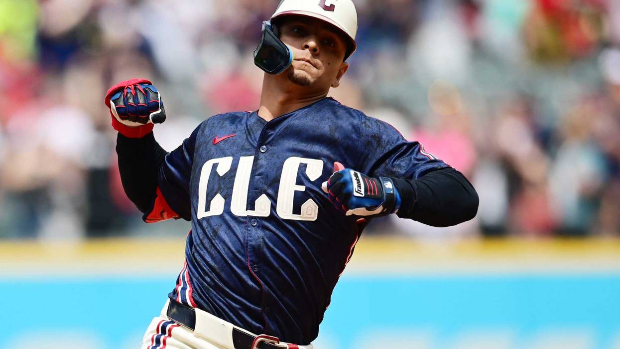 May 22, 2024; Cleveland, Ohio, USA; Cleveland Guardians second baseman Andres Gimenez (0) celebrates after hitting a three run home run during the sixth inning against the New York Mets at Progressive Field.